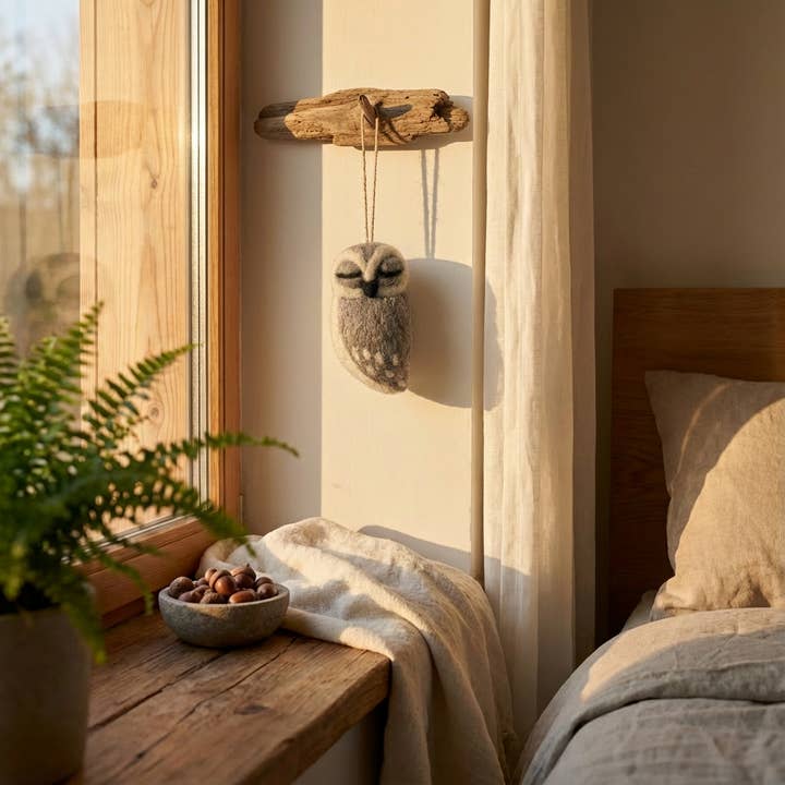 Grey Owl Handmade Hanging Needle Felt Decoration for wholesale by Felt So Good