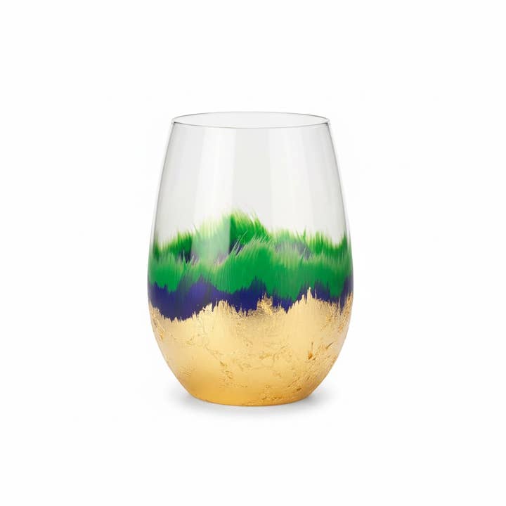 Abstract Metallic Finish Mardi Gras Stemless Wine Glass for wholesale by Zim Designs