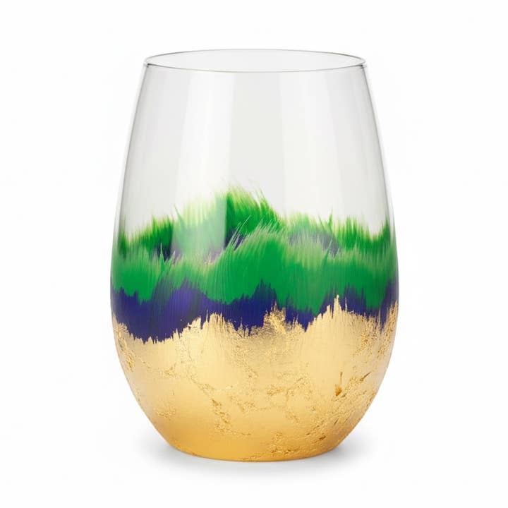 Abstract Metallic Finish Mardi Gras Stemless Wine Glass for wholesale by Zim Designs