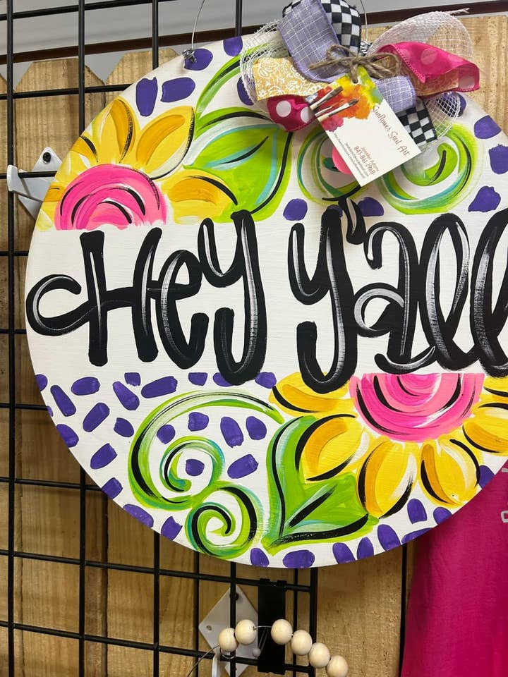 Colorful floral hey y’all door hanger for wholesale by Sunflower Soul Art