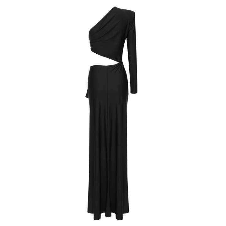 Black SY057 Elegant Split Long Dress with Oblique Shoulder for wholesale on Faire12