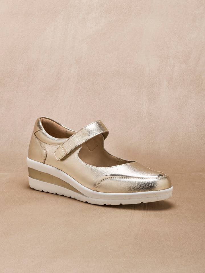 Gold Leather babies with hook-and-loop fastener and wedge sole (2012045_0038) for wholesale on Faire2