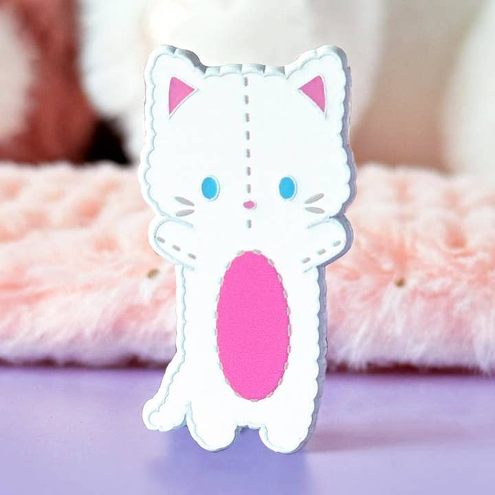 Long White Cat Plushie Dyed Enamel Pin for wholesale by Meow Amor Creative