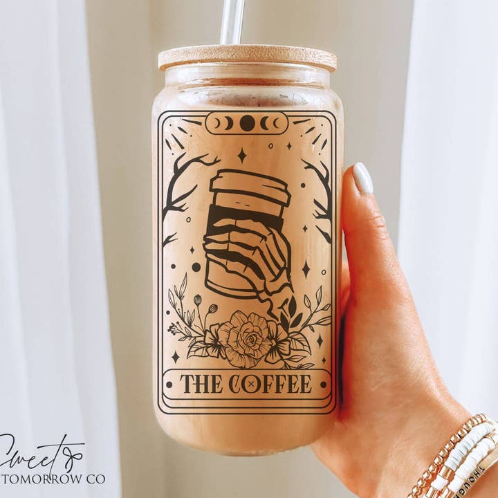 The Coffee Tarot Glass – Libbey Can Cup for Iced Brew for wholesale by Cataleya Designs Studio LLC