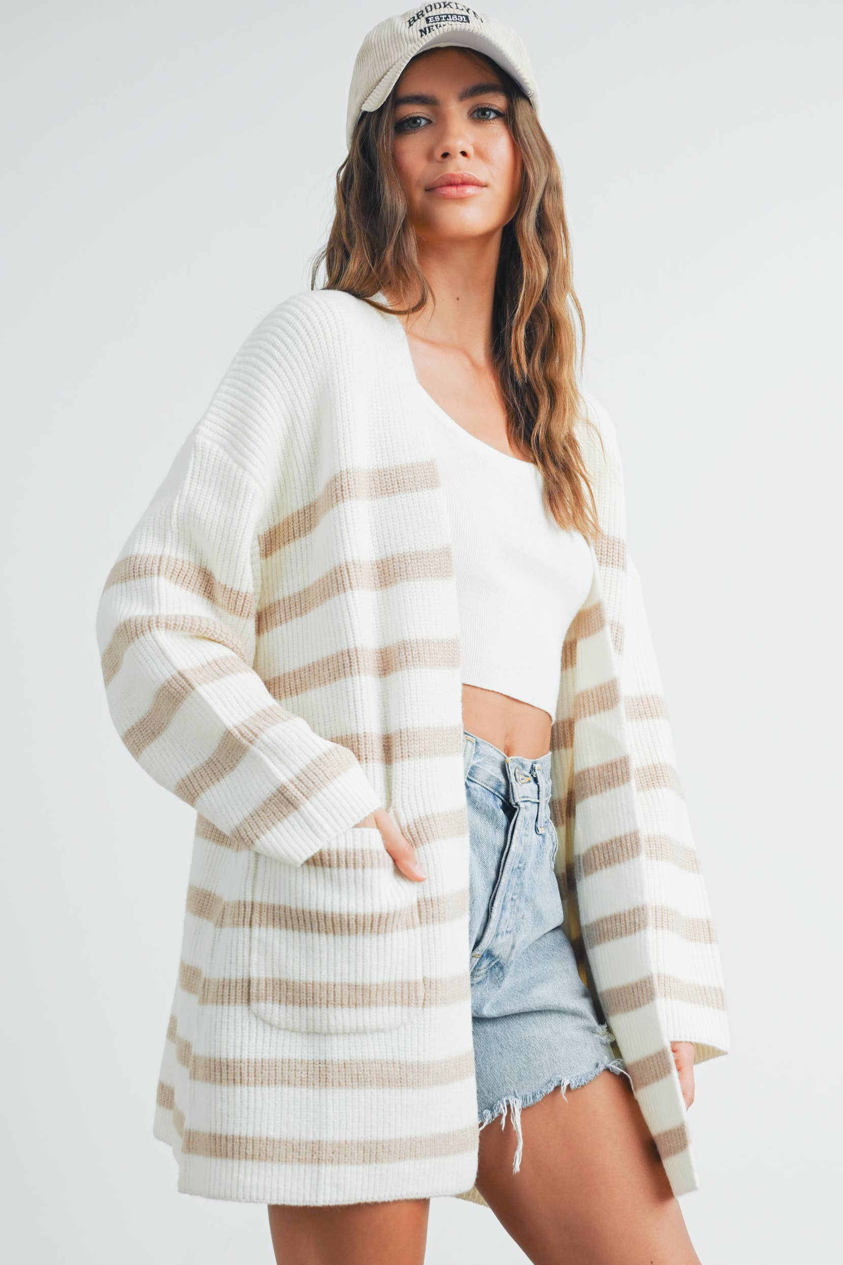 BUTTERMELON - Vente Cardigan – femme - Cardigan long à rayures tricoté - BMC731617
