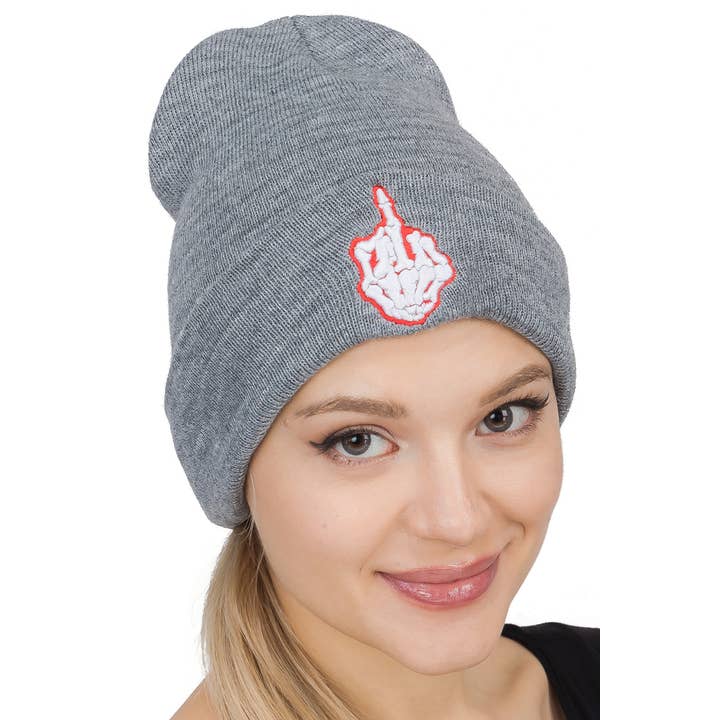 Cap Zone - Wholesale Beanie - Women's - Middle Finger Up Skeleton Cuffed Classic Beanie