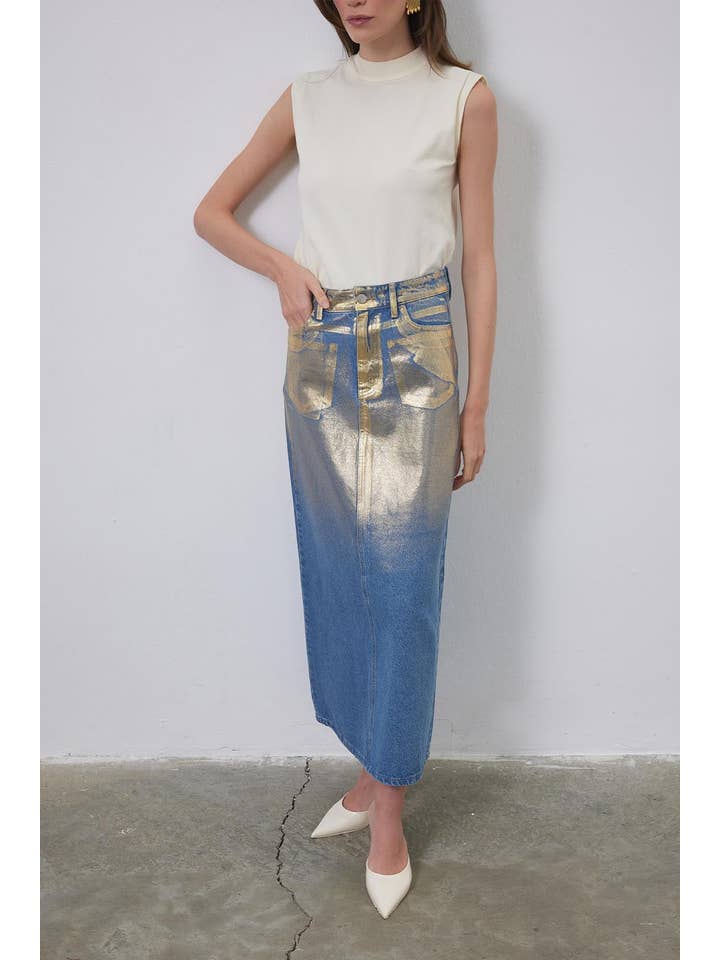Kadriye Baştürk - Wholesale Skirt - Women's - Bright Printed Denim Pencil Skirt Gold