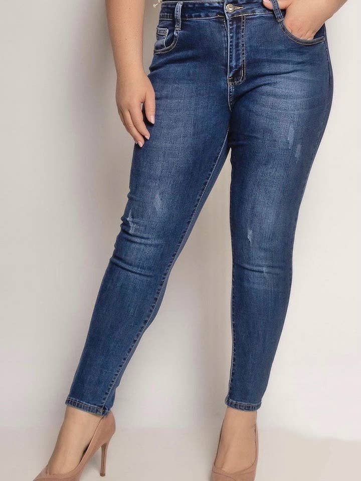 High Waisted Straight Hem Distressed Blue Denim Jeans for wholesale by DenimVista