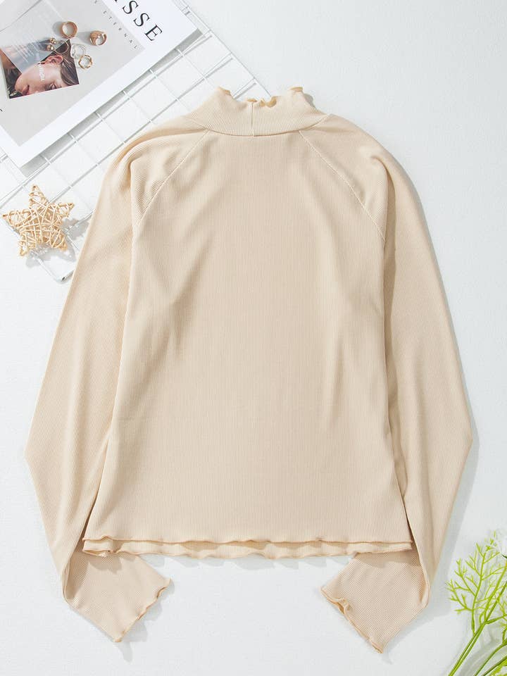 Lovesoft – wholesale Knit top – Women's – Black Ribbed Knit Lettuce Trim High Neck Long Sleeve Top36