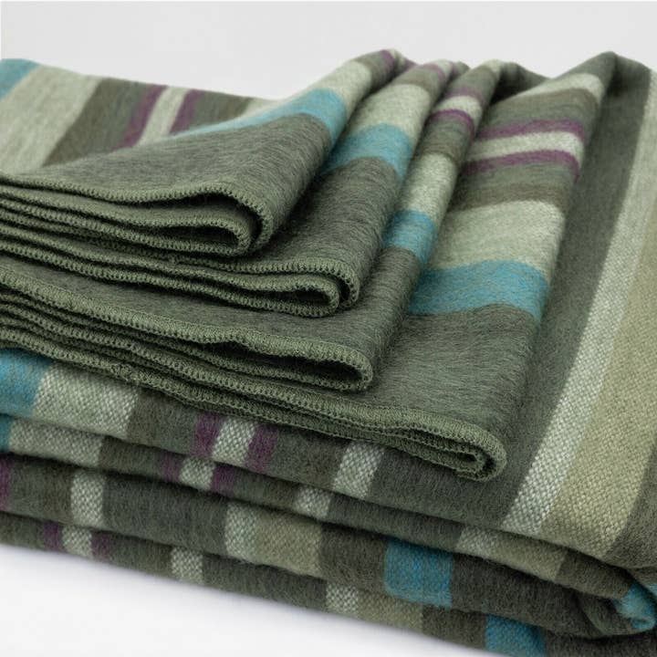 ECUALAMA - Wholesale Throw Blanket - Jambue - Baby Alpaca Wool Throw Blanket / Sofa Cover - Queen 95" x 66" - olive green stripes pattern