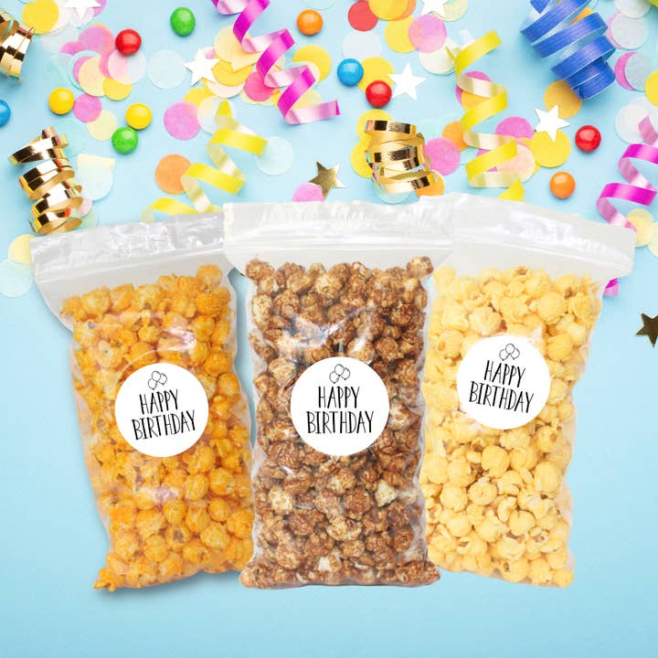 Pack de collations « Balloons » Joyeux Anniversaire, Popcorn de célébration pour la vente par Uncle Myron's Gourmet Popcorn