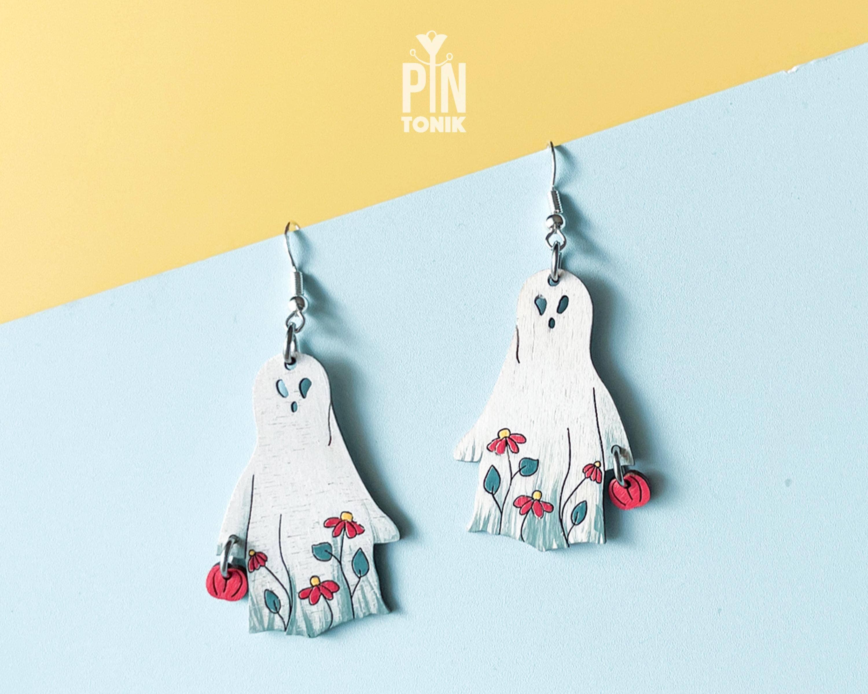 PinTonik - Vente Boucles d'oreilles pendantes - Boucles d'oreilles fantôme d'Halloween et citrouille-lanterne5