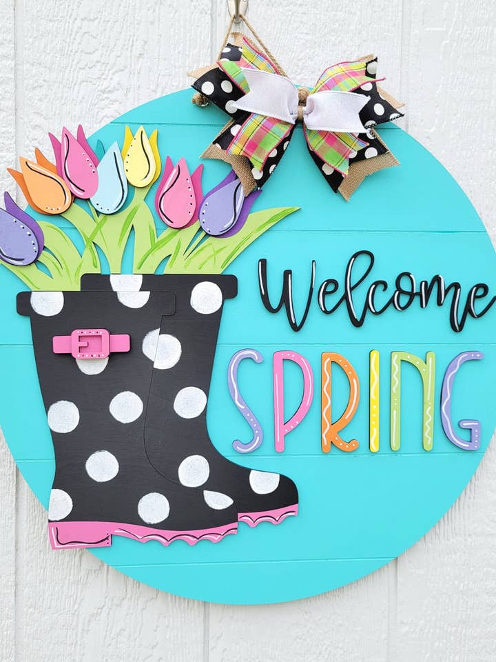 DIY Welcome Spring Rainboot Door Hanger for wholesale by Teal Moon Creations