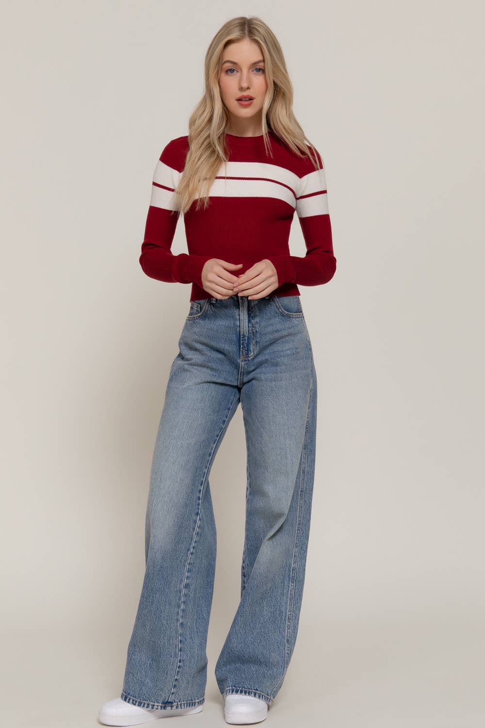 Active Basic | Active USA – wholesale Knitted jumper – Women′s – Long Sleeve Mock Neck Stripe Rib Sweater 19