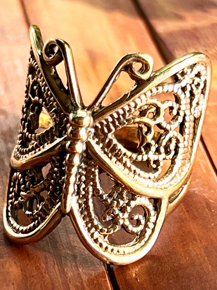 Brass Butterfly Ring | Art Nouveau Ornate Insect Jewelry for wholesale by Ragavon
