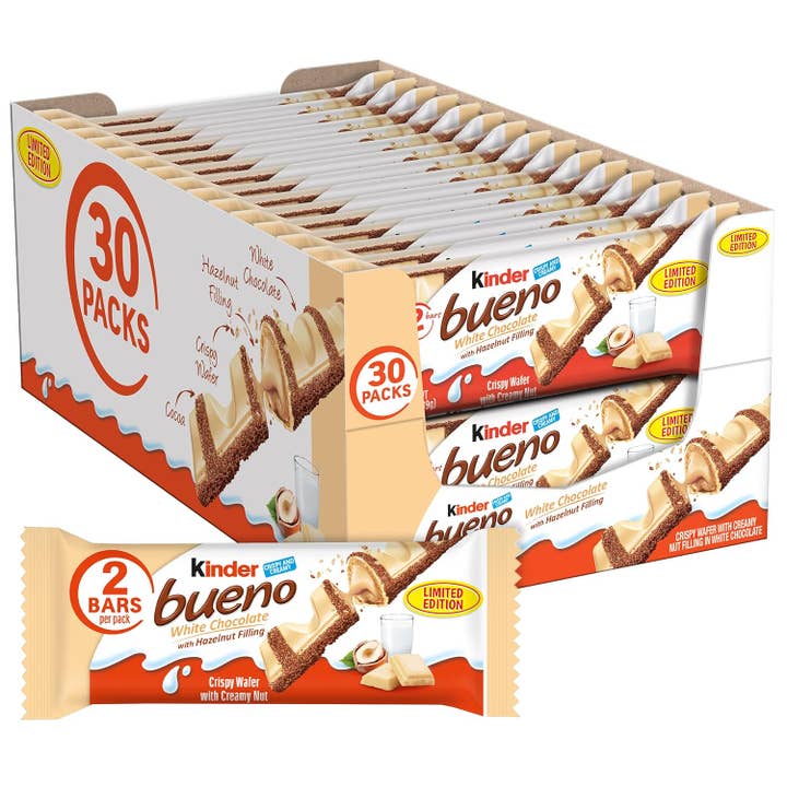 Kinder Bueno White Chocolate 1.38 oz 30 count for wholesale by Snacky Candy