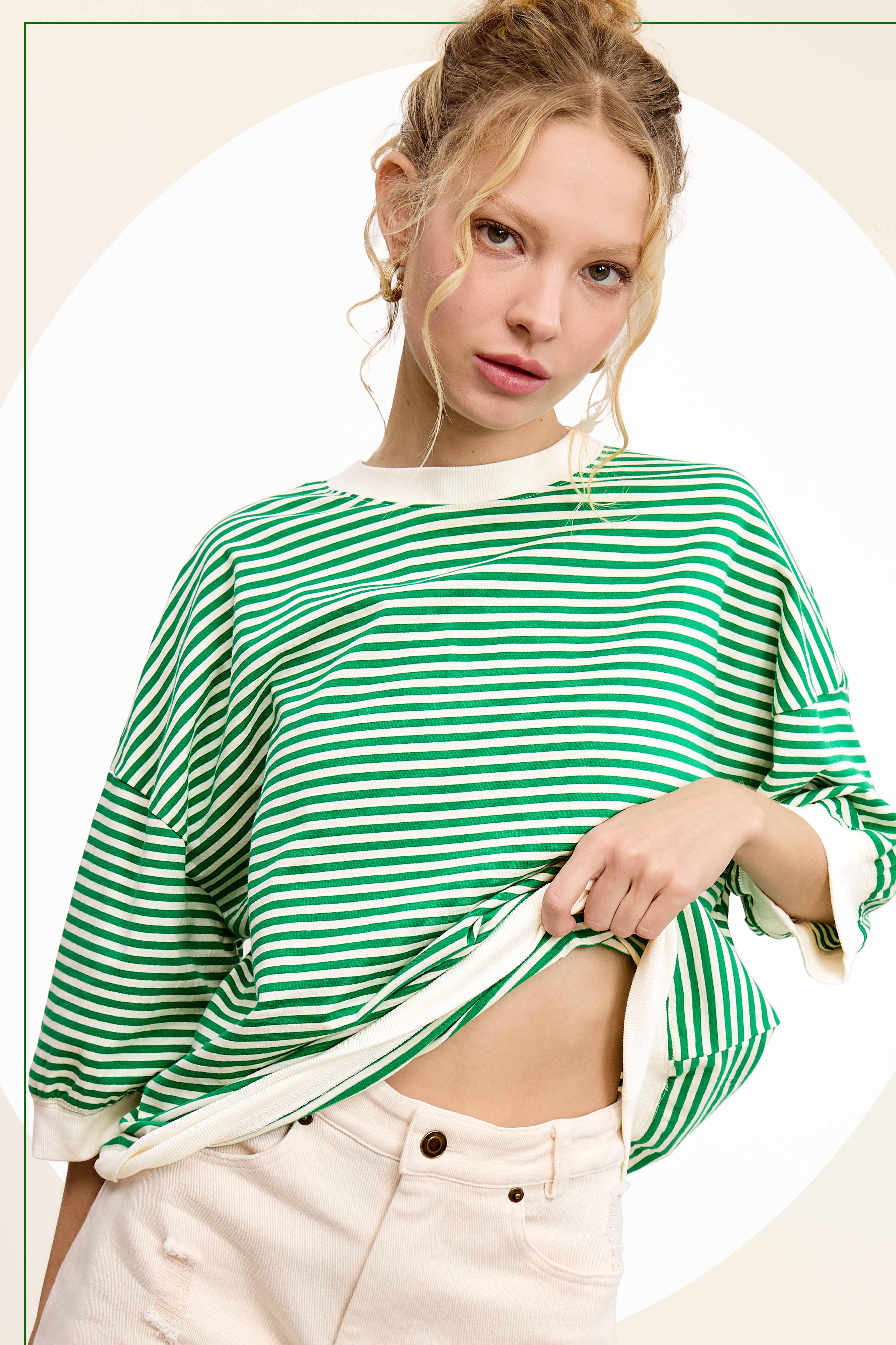 La Miel – Engroshandel Strikket top - Dame – MCT7688-løs pasform Stribet kortærmet top med rund halsudskæring11