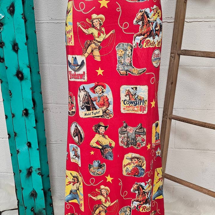 Baha Ranch Vintage Cowgirl Collage Western Maxi Skirt for wholesale by BAHA RANCH WESTERN WEAR