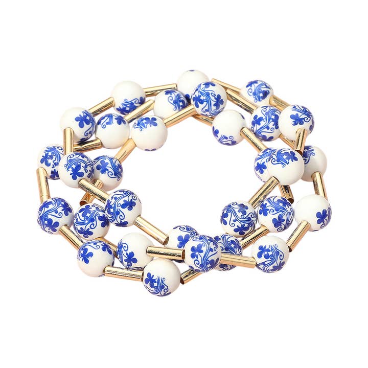 Sensibling Corp. - Wholesale Beaded Bracelet - 3PCS - Floral Ceramic Ball Beaded Stretch Multi Layered Bracelets1