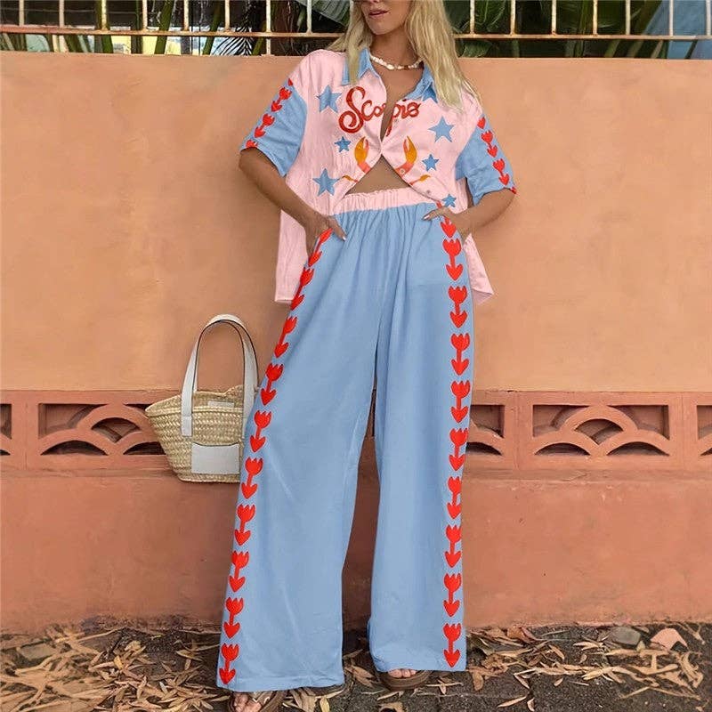 TRYCKNING Avslappnad tryckt kortärmad skjorta och byxset för wholesale på Faire0