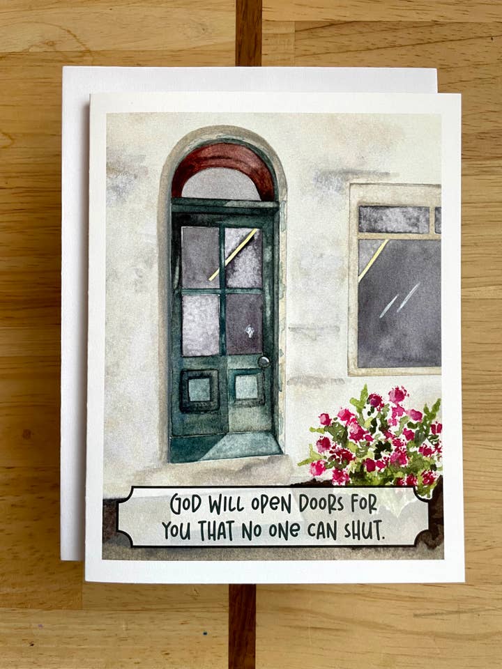Gud kommer att öppna dörrar - Skrift - Akvarell Gratulationskort för wholesale av Kristin Schmidt Artist