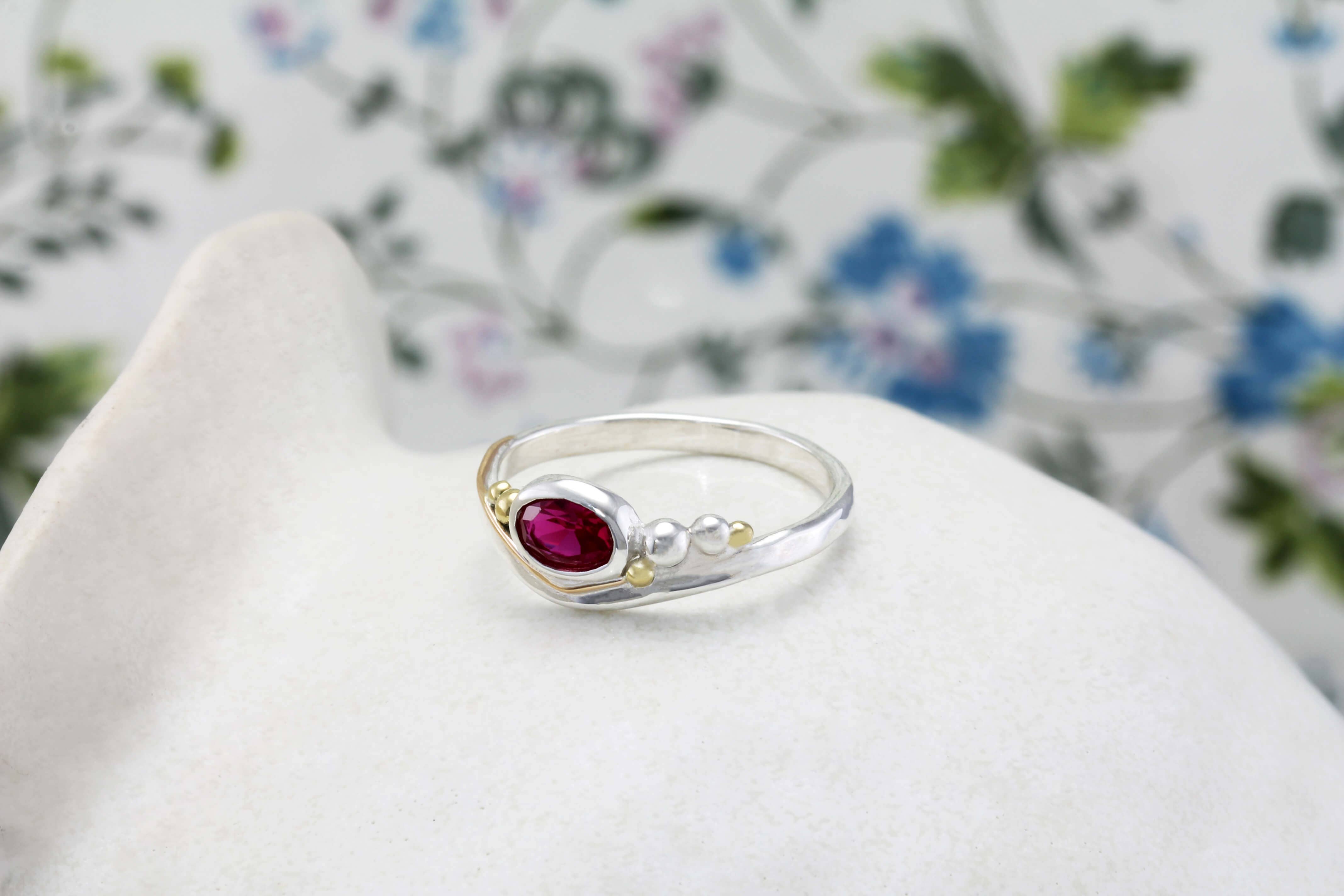 Banyan Jewellery – wholesale Single stone/solitaire ring – Handmade Silver Ring with Pink Ruby CZ and Gold Details5