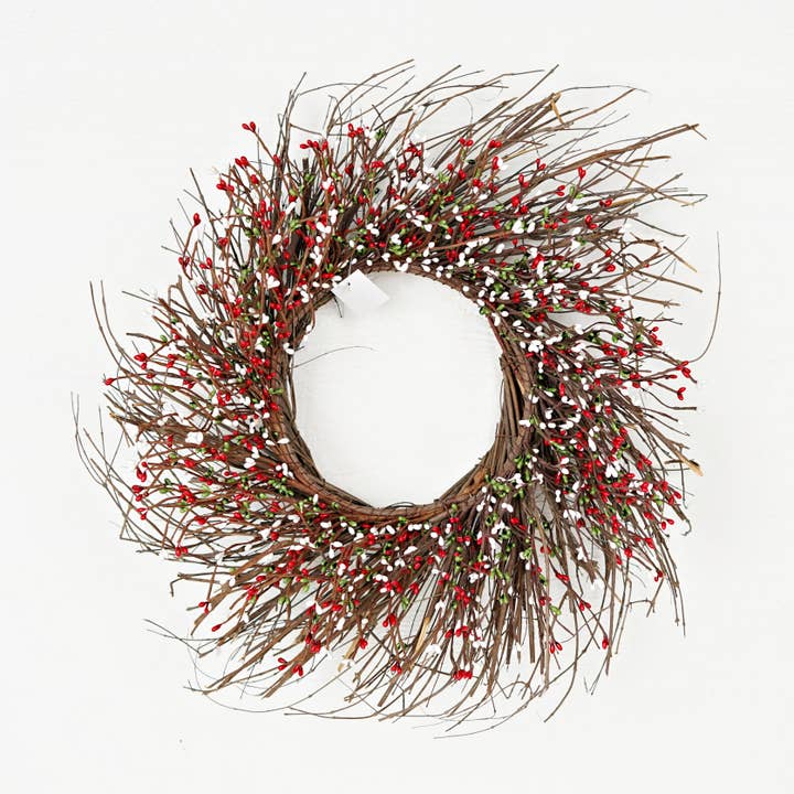 ISB082HC- 22in Pip Berry Wreath w/twig-RED/WHITE/GREEN for wholesale by Impressive Enterprises, Inc.