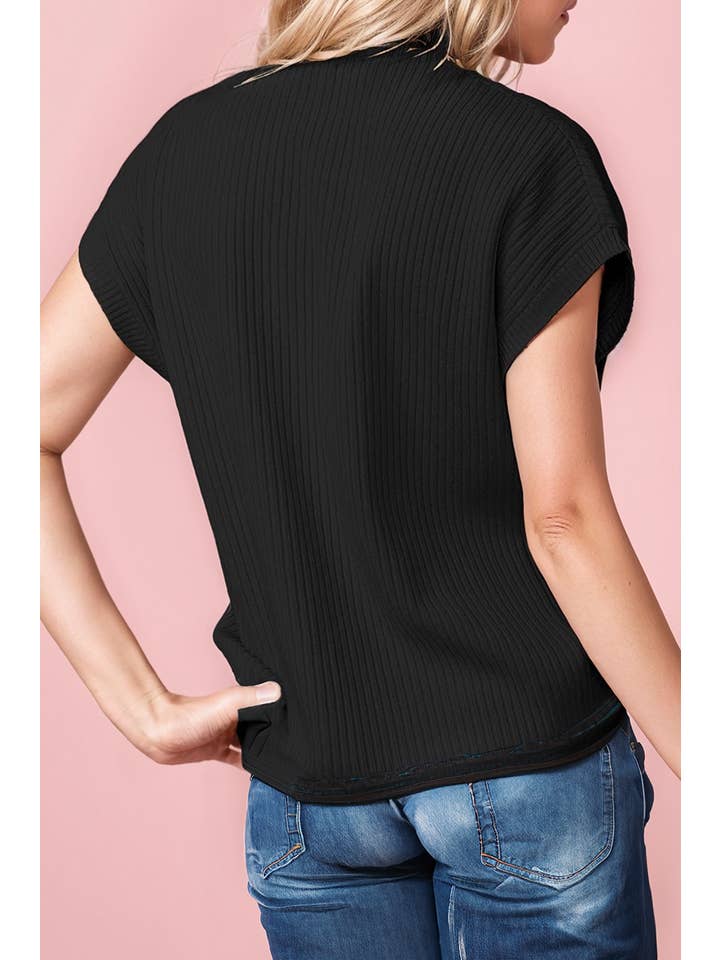 66DISCO - Wholesale Knit Sweater - Women's - Patch Pocket Ribbed Knit Short Sleeve Sweater (S-2XL)