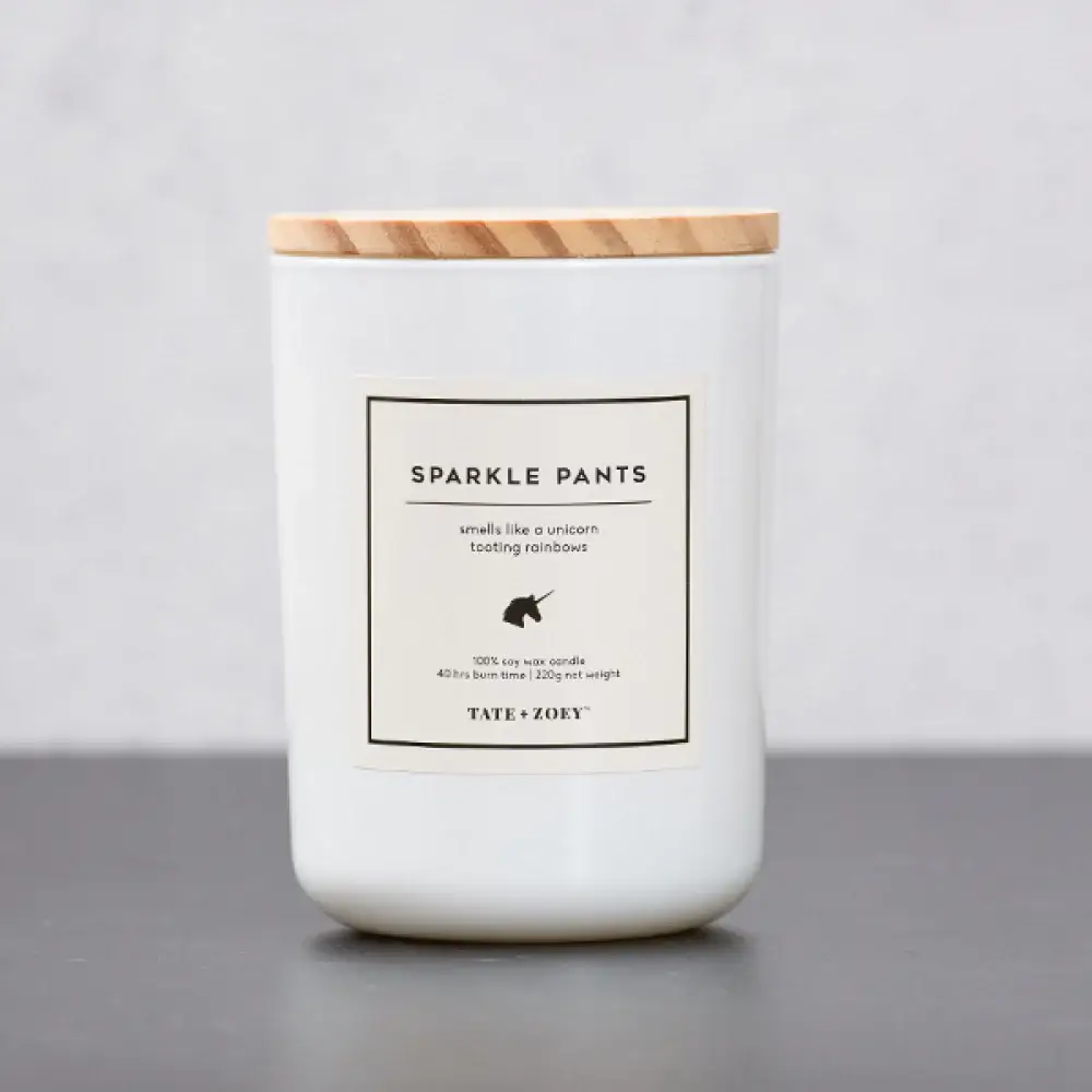 White Sparkle Pants Candle Soy Wax Scented for wholesale on Faire0