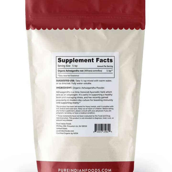 Pure Indian Foods - Wholesale Protein/Superfood Powder - Ashwagandha Root Powder, Certified Organic - 8 oz
