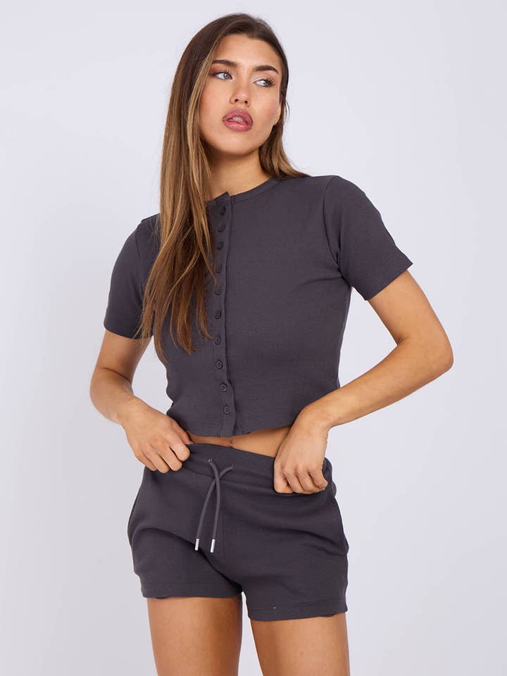 AX Labels - Wholesale Lounge Set - Women's - Ribbed Button Through Short Sleeve Top and Shorts Co-ord43
