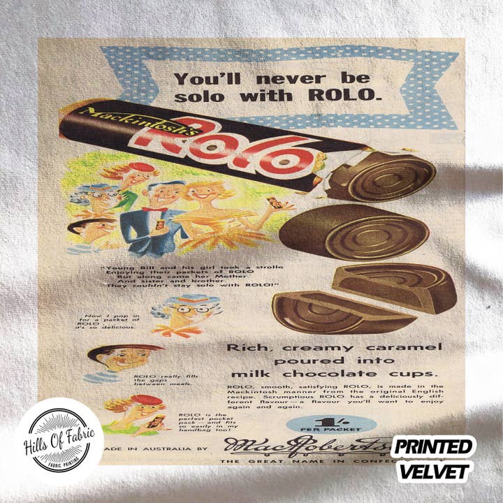 Mackintosh's Rolo Chocolate Sweets  Printed Fabric Panel for wholesale by Hills Of Fabric