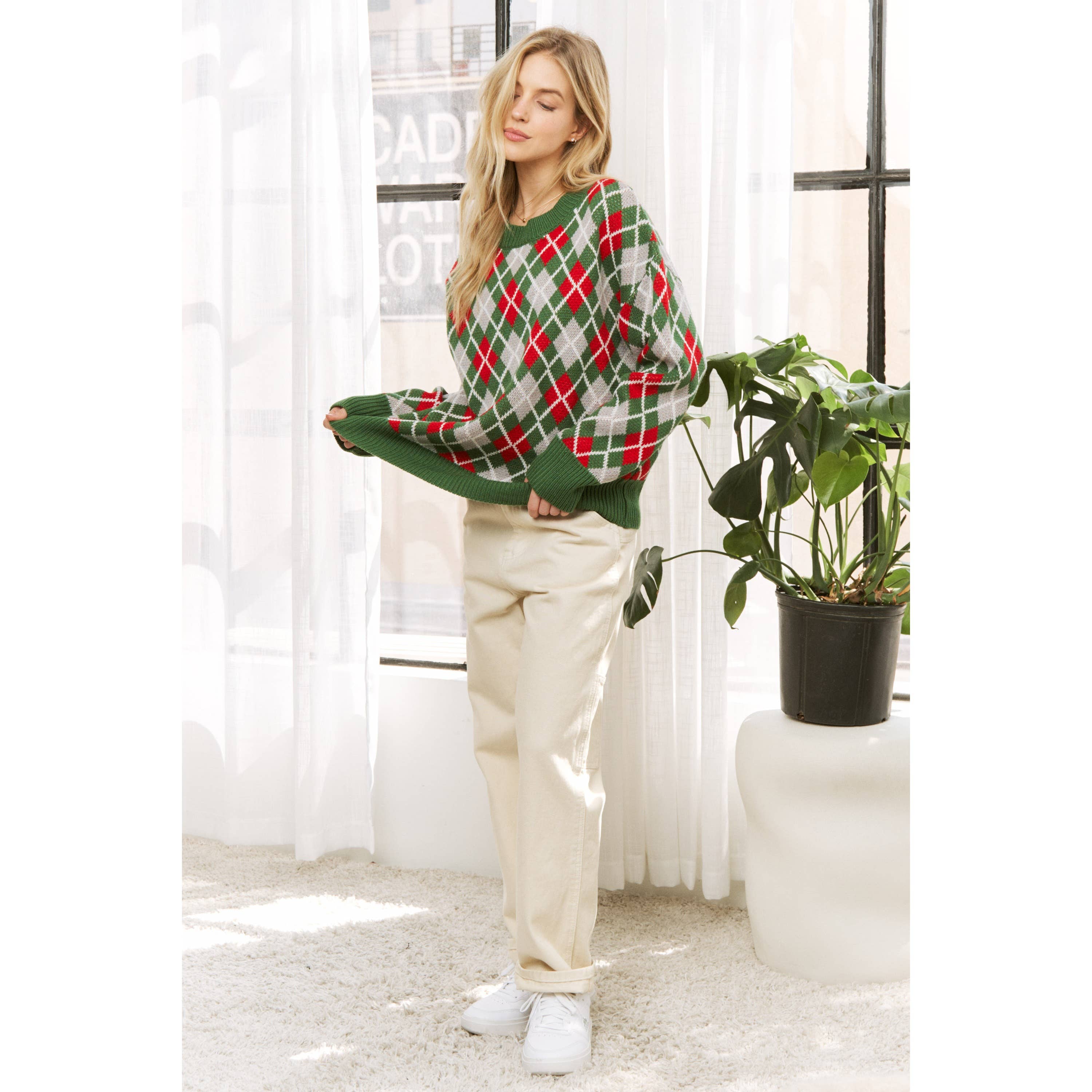 Sweet Generis - Wholesale Knit Sweater - Women's - HOLIDAY ARGYLE PATTERN DROP SHOULDER PULLOVER SWEATER22