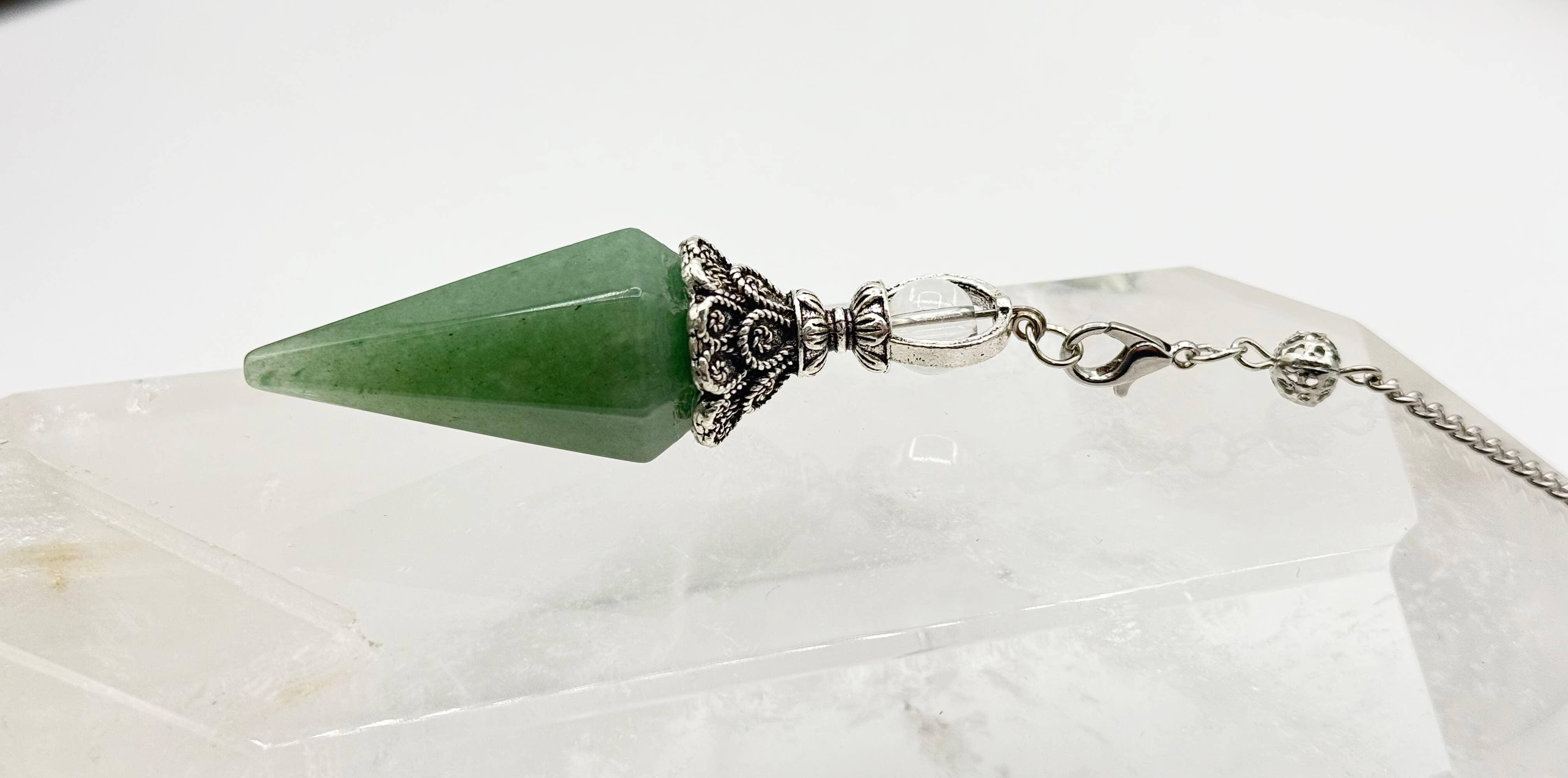 Meraki Gemstones - Wholesale Pendulum Board - Green Aventurine Double Cap Pendulum with Silver Plate Chain6