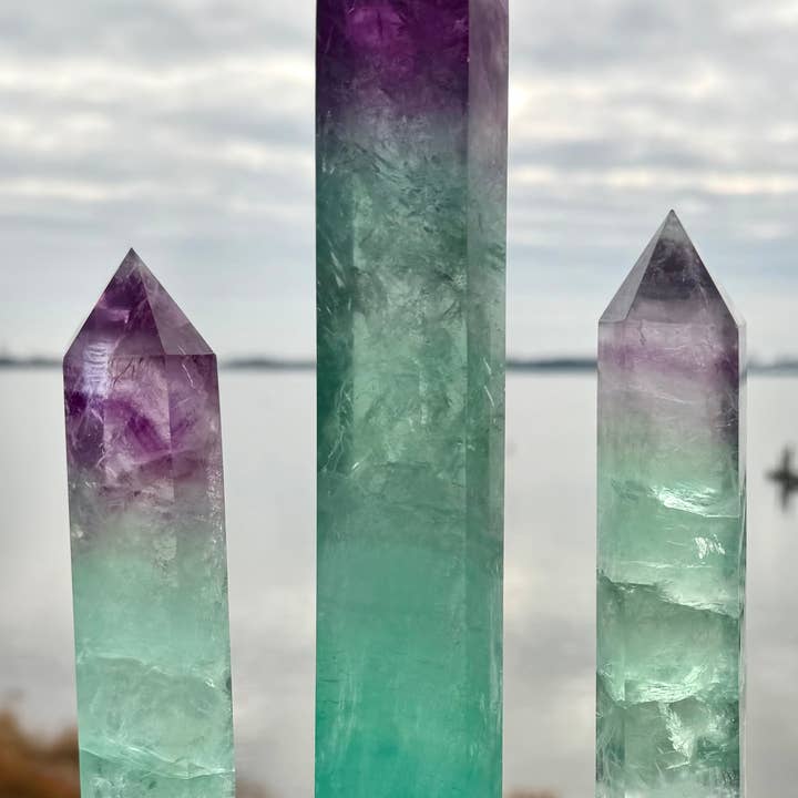 3 pcs Natural Watermelon Fluorite Obelisk Tower Crystal for wholesale by KayleeNYC