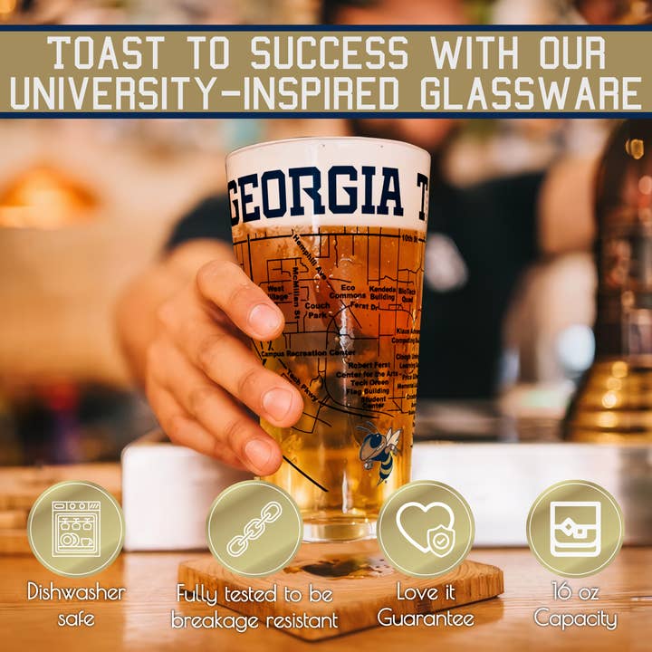 Greenline Goods - Wholesale Beer Glass/Mug - Georgia Tech Pint Glasses - Georgia Tech Buzz Logo & Campus Map Georgia Institute of Technology College Grads and Alumni (Set of 2)1