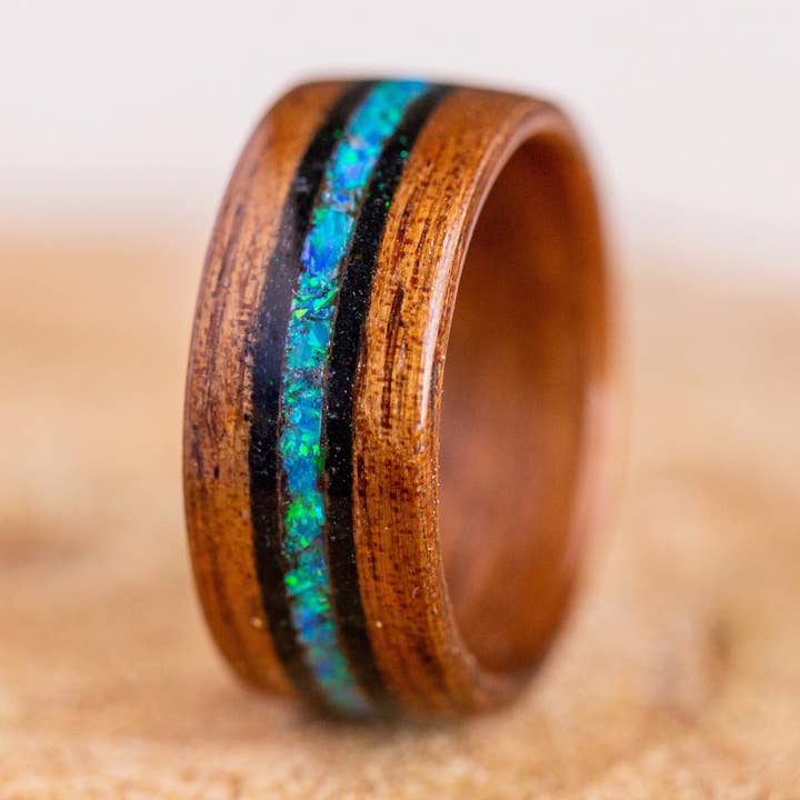 Dark Koa & Blue Pacific Opal in Black Tourmaline for wholesale by My Roots Jewelry