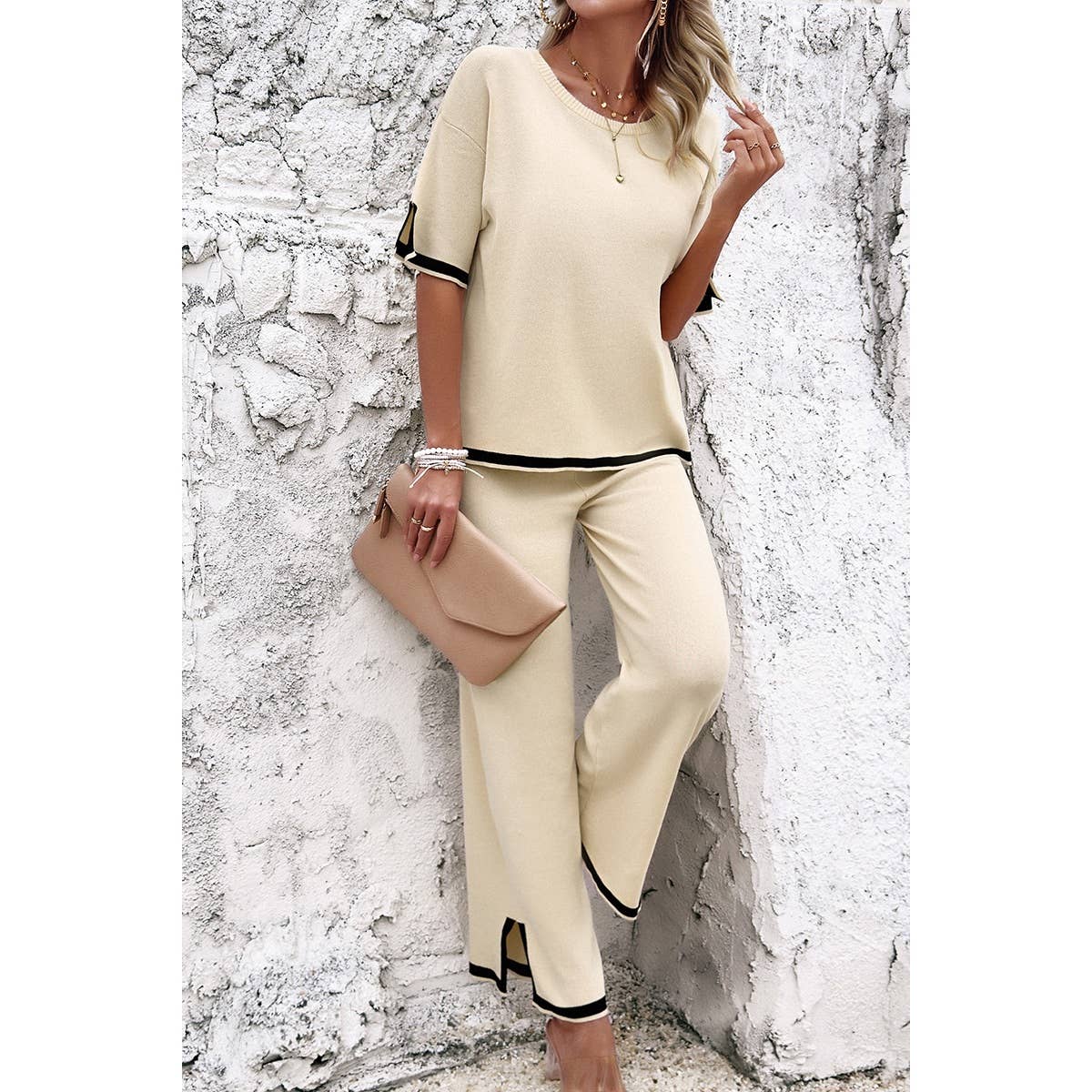 Supreme Fashion - Wholesale Top & Pant Set (NOT Loungewear) - Women's - Two Pieces Outfits Knit Short Sleeve Wide Leg Lounge Sets3
