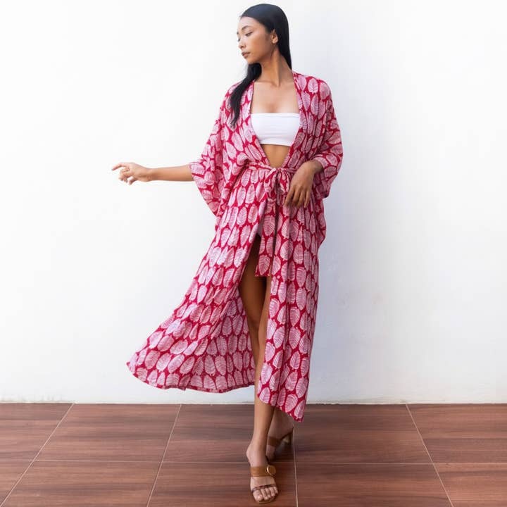 Block Print Kimono Cover Up (Red Citrus) - Bikini Beach Robe for wholesale by Bali Harvest