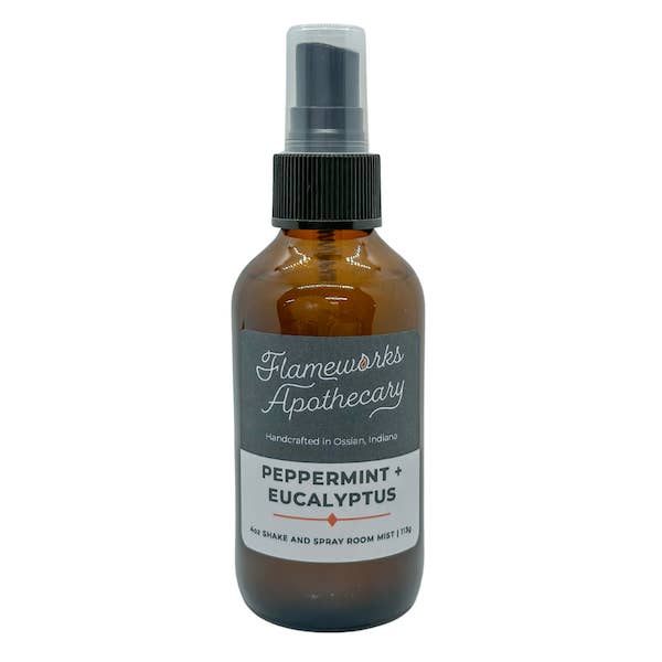 Peppermint + Eucalyptus 4 oz Shake and Spray Room Mist for wholesale by Flameworks Apothecary