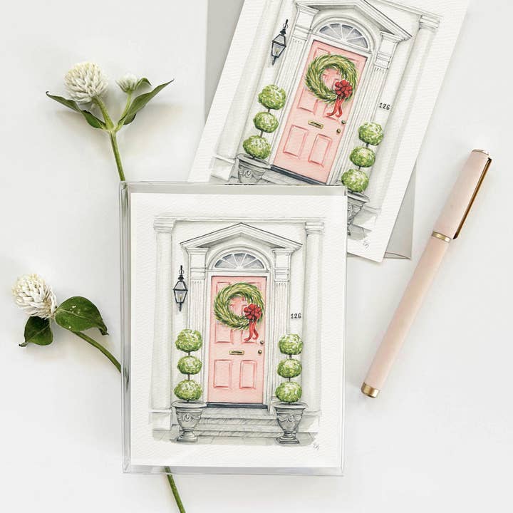 Texture Design Co - Wholesale Season's Greetings Card - Front Door Greeting Card - The Pink Holiday Door2