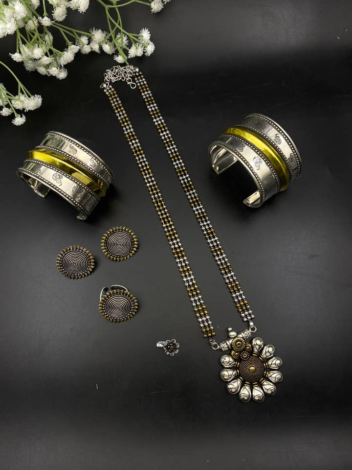 Set of 5 pc Indian Dual Tone German Silver Jewelry Set for wholesale by REAAAN COLLECTIONS