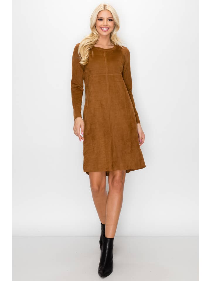 Joh Apparel - Wholesale Dress - Women's - Aurora Stretch Suede Round-Neck Dress with Pockets