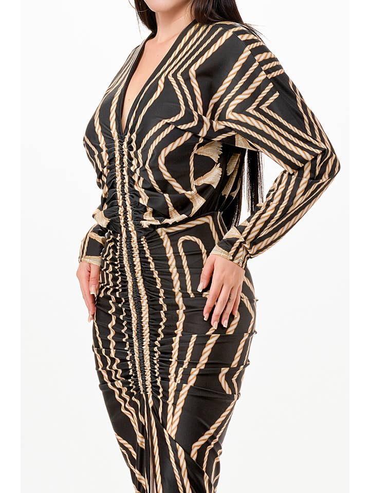 Her Bottari - Wholesale Dress - Women's - BD3980_Printed deep V-neck pleats midi dress1