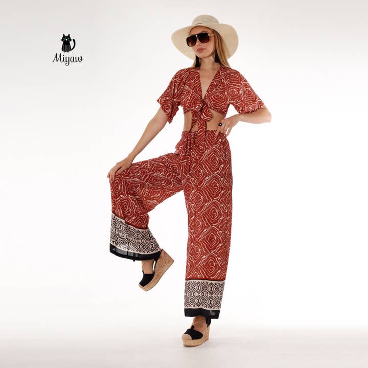Ensemble haut court et pantalon à jambes larges Resort Ready Boho Brown - Vacation Chic pour la vente par Pure & Chic, LLC - Miyawfashion