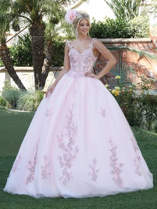 Embroidered Tulle Ball Gown with Floral Appliques for wholesale by Dancing Queen Dress