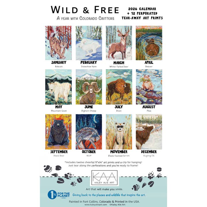 2026 Art Print Wall Calendar- Wild and Free: A Year with Colorado Critters for wholesale by Kaley Alie Art