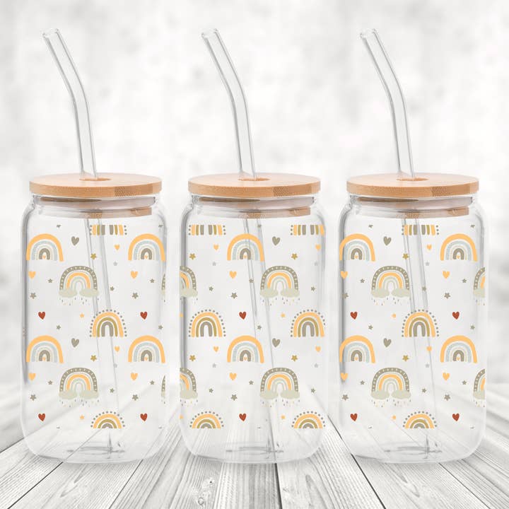 Gobelet Boho Rainbow 16 oz | Couvercle en bambou et paille en verre pour la vente par Full Moon Arts & More