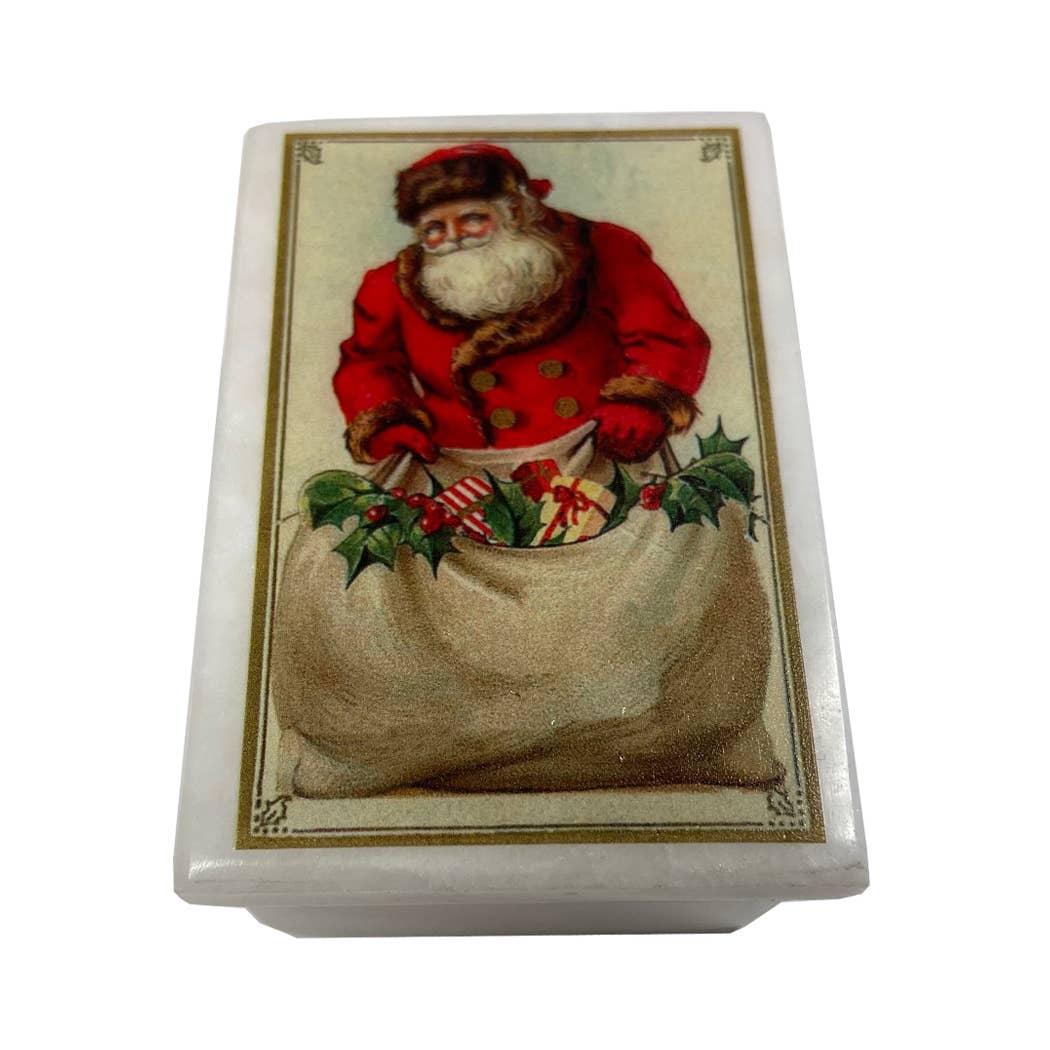 Madison Bay Co. - Historical Home Decor Reproductions - Wholesale Jewelry Box/Organizer - Victorian Santa with Toy Bag White Stone Trinket Box, 3"