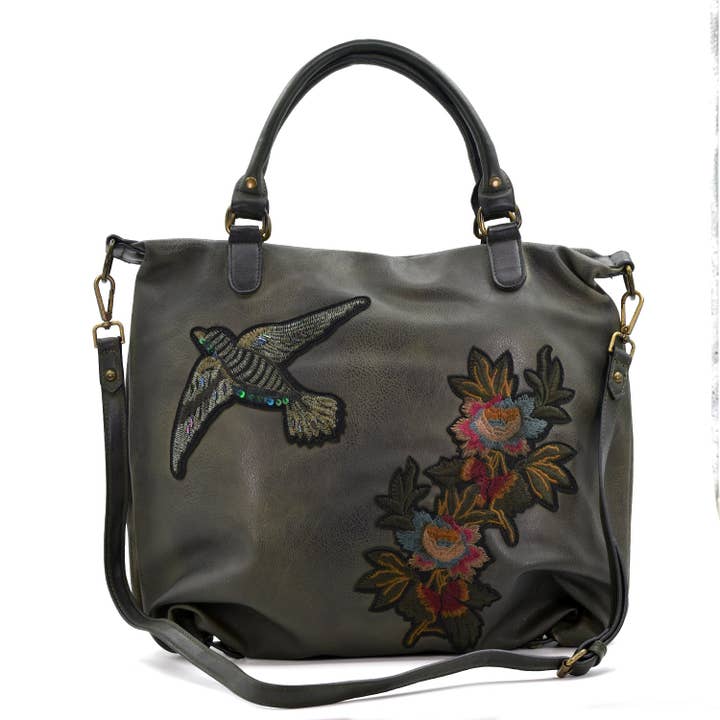 Floral and bird embrodied handbag for wholesale by Tempest Designs